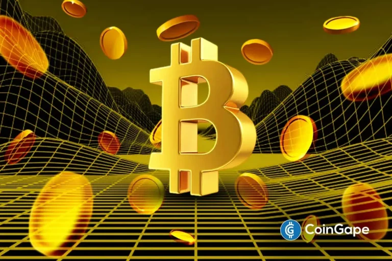 Ilustração 3D do símbolo do Bitcoin em dourado sobre fundo de grade digital com moedas voando ao redor.
