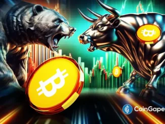 Ilustração artística mostrando confronto entre urso e touro com moedas de Bitcoin e gráficos de mercado ao fundo