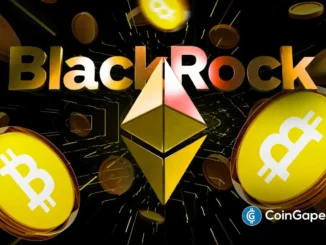 Ilustração 3D mostrando o logotipo da BlackRock com moedas de Bitcoin e símbolo do Ethereum em destaque sobre fundo escuro..