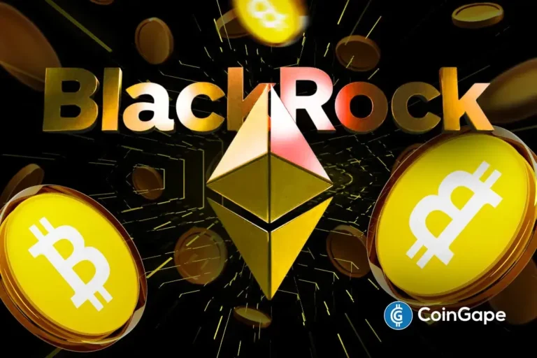 Ilustração 3D mostrando o logotipo da BlackRock com moedas de Bitcoin e símbolo do Ethereum em destaque sobre fundo escuro..