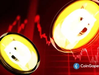 Moedas do Dogecoin com mascote Shiba Inu sobre fundo vermelho com gráficos de preço em queda.