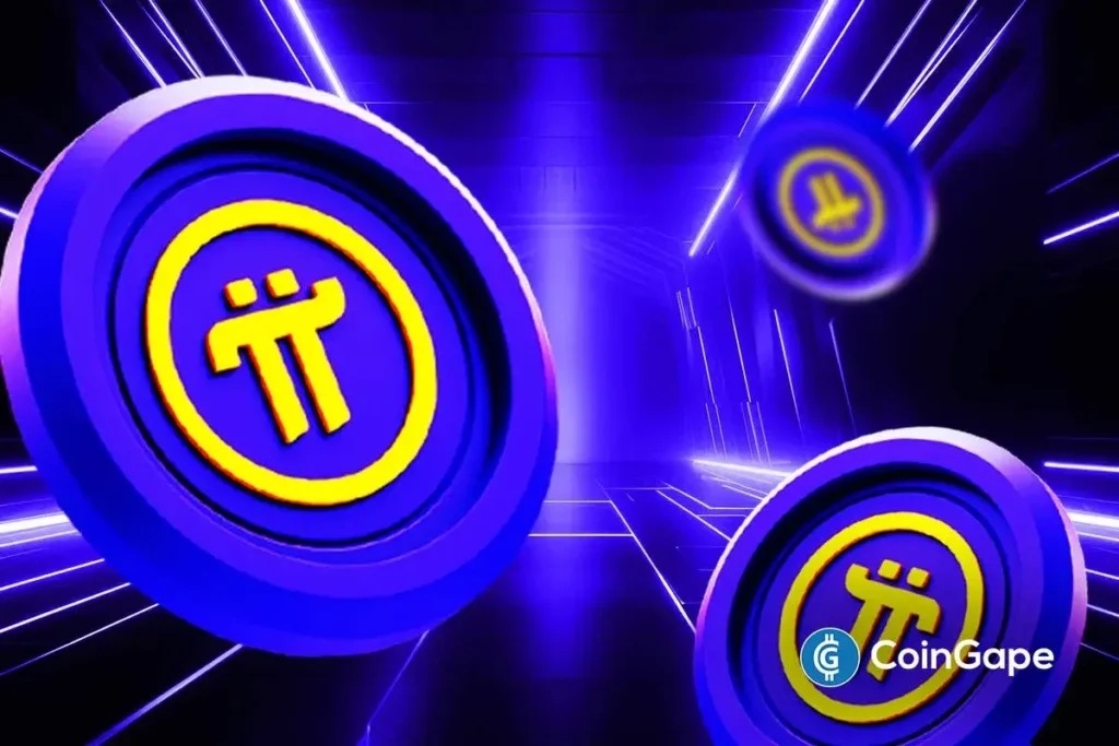 Representação 3D de moedas da Pi Network com logo amarelo em círculos azuis e roxos sobre fundo futurista com efeitos de luz.