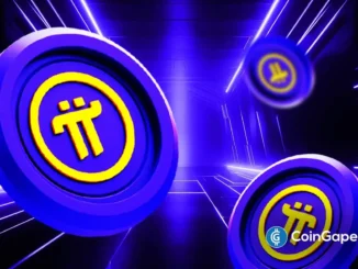 Representação 3D de moedas da Pi Network com logo amarelo em círculos azuis e roxos sobre fundo futurista com efeitos de luz.