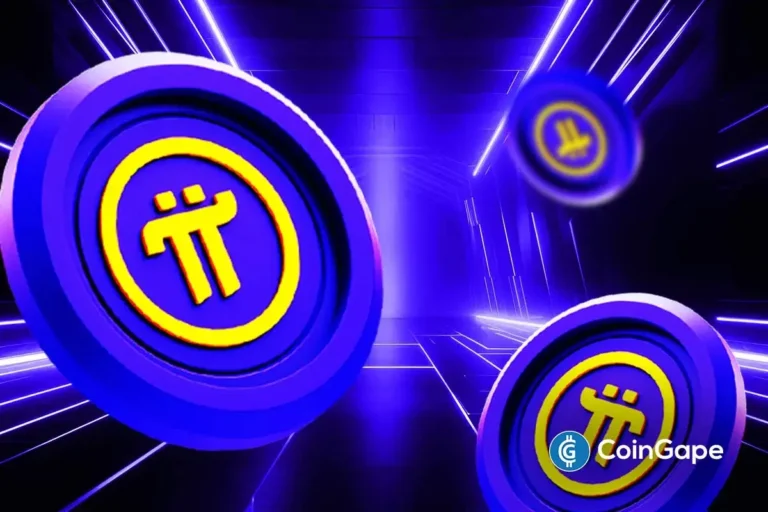 Representação 3D de moedas da Pi Network com logo amarelo em círculos azuis e roxos sobre fundo futurista com efeitos de luz.