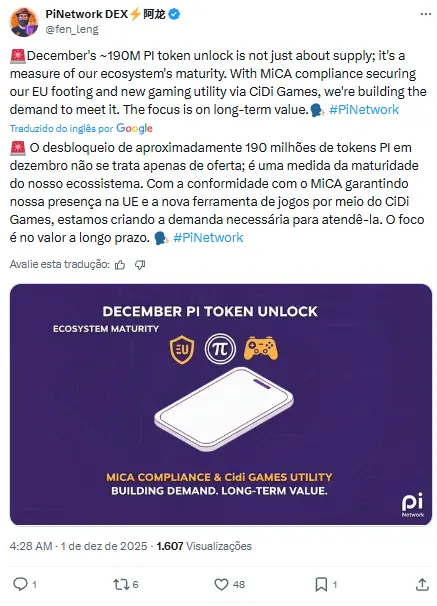 Captura de tela de tweet da conta Pi Network DEX explicando o desbloqueio de 190 milhões de tokens em dezembro e parceria com CiDi Games