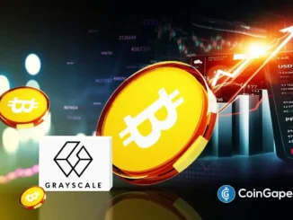 Ilustração com moeda dourada do Bitcoin em destaque, logo da Grayscale e gráficos financeiros mostrando tendência de alta no mercado de criptomoedas.