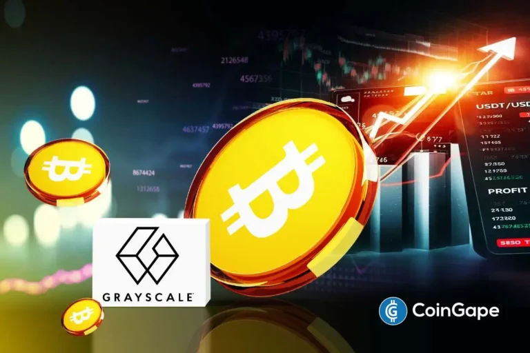 Ilustração com moeda dourada do Bitcoin em destaque, logo da Grayscale e gráficos financeiros mostrando tendência de alta no mercado de criptomoedas.