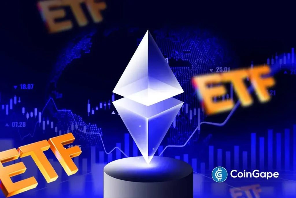 Ilustração tridimensional do logo do Ethereum em destaque com gráficos de velas e texto ETF em fundo azul escuro.