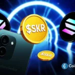 Ilustração do token SKR com smartphone Solana Seeker e logos da Solana Mobile em fundo digital azul.