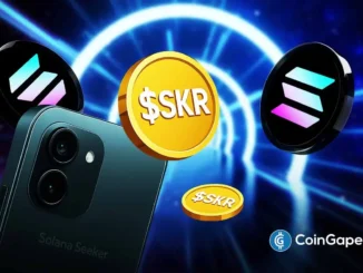 Ilustração do token SKR com smartphone Solana Seeker e logos da Solana Mobile em fundo digital azul.