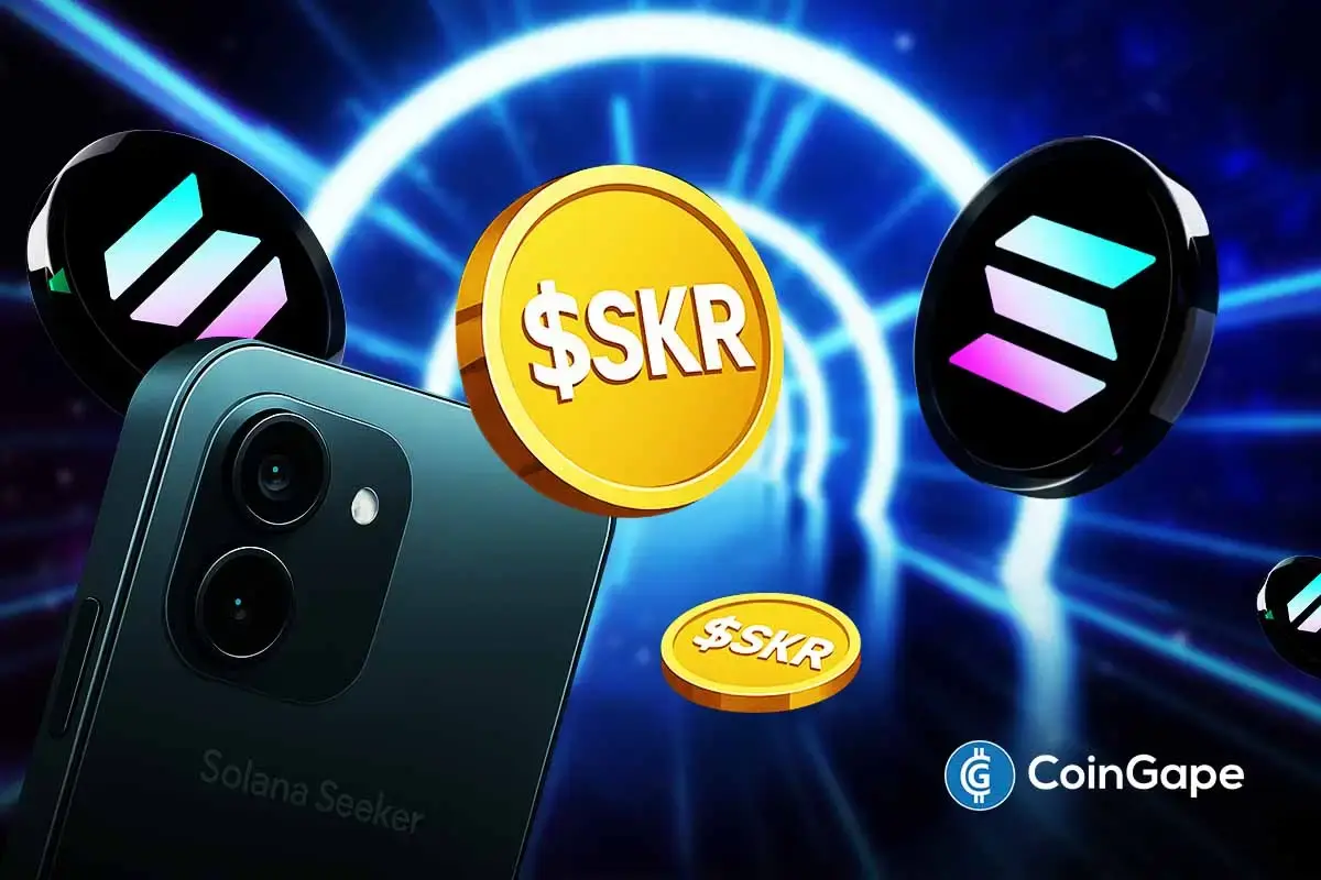 Ilustração do token SKR com smartphone Solana Seeker e logos da Solana Mobile em fundo digital azul.