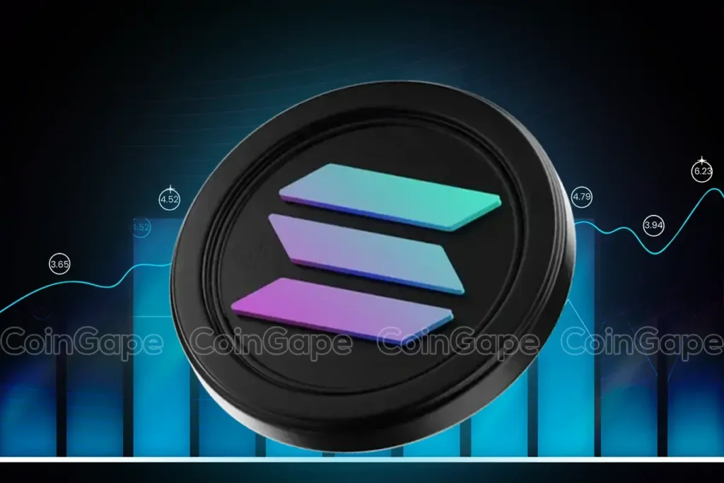Moeda da Solana em destaque com gráfico de barras azul mostrando evolução de preços e valores marcados