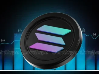 Moeda da Solana em destaque com gráfico de barras azul mostrando evolução de preços e valores marcados