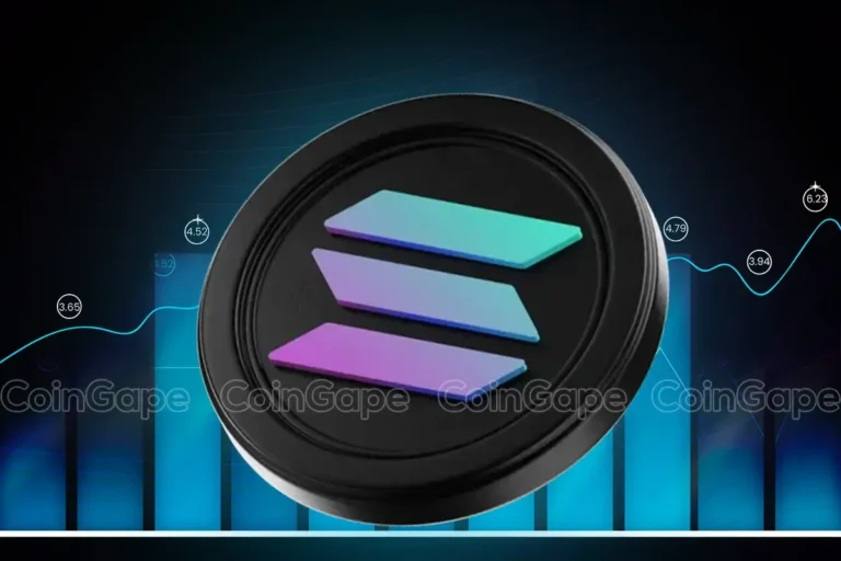 Moeda da Solana em destaque com gráfico de barras azul mostrando evolução de preços e valores marcados