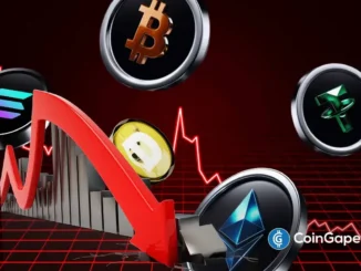 Imagem ilustrativa com símbolos de Bitcoin, Ethereum, Dogecoin e Solana com seta vermelha apontando para baixo.