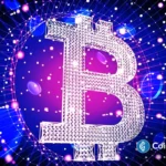 Símbolo do Bitcoin em estrutura tridimensional rosa e roxa sobre fundo azul com conexões de rede blockchain iluminadas.