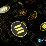 Composição artística com múltiplos logos dourados da Solana sobre fundo escuro com elementos gráficos.