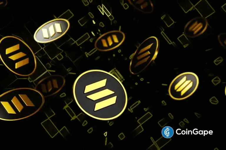 Composição artística com múltiplos logos dourados da Solana sobre fundo escuro com elementos gráficos.