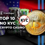 Fichas de cassino coloridas e moeda de Bitcoin com símbolo de proibição de KYC, representando cassinos cripto que não exigem verificação de identidade.