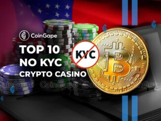 Fichas de cassino coloridas e moeda de Bitcoin com símbolo de proibição de KYC, representando cassinos cripto que não exigem verificação de identidade.