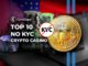 Fichas de cassino coloridas e moeda de Bitcoin com símbolo de proibição de KYC, representando cassinos cripto que não exigem verificação de identidade.