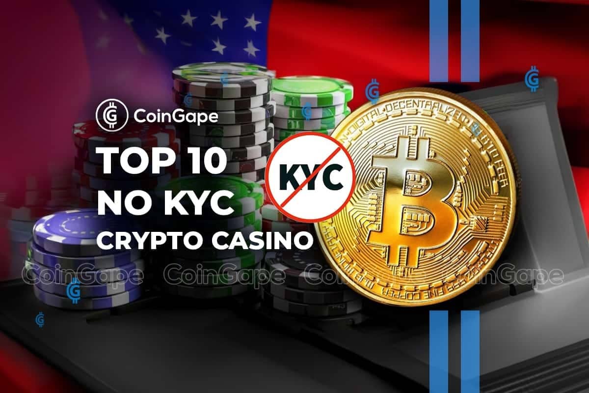 Fichas de cassino coloridas e moeda de Bitcoin com símbolo de proibição de KYC, representando cassinos cripto que não exigem verificação de identidade.