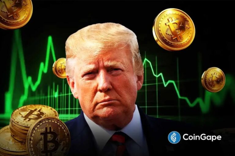 Ilustração de Donald Trump com moedas de Bitcoin e gráficos de mercado em alta ao fundo.