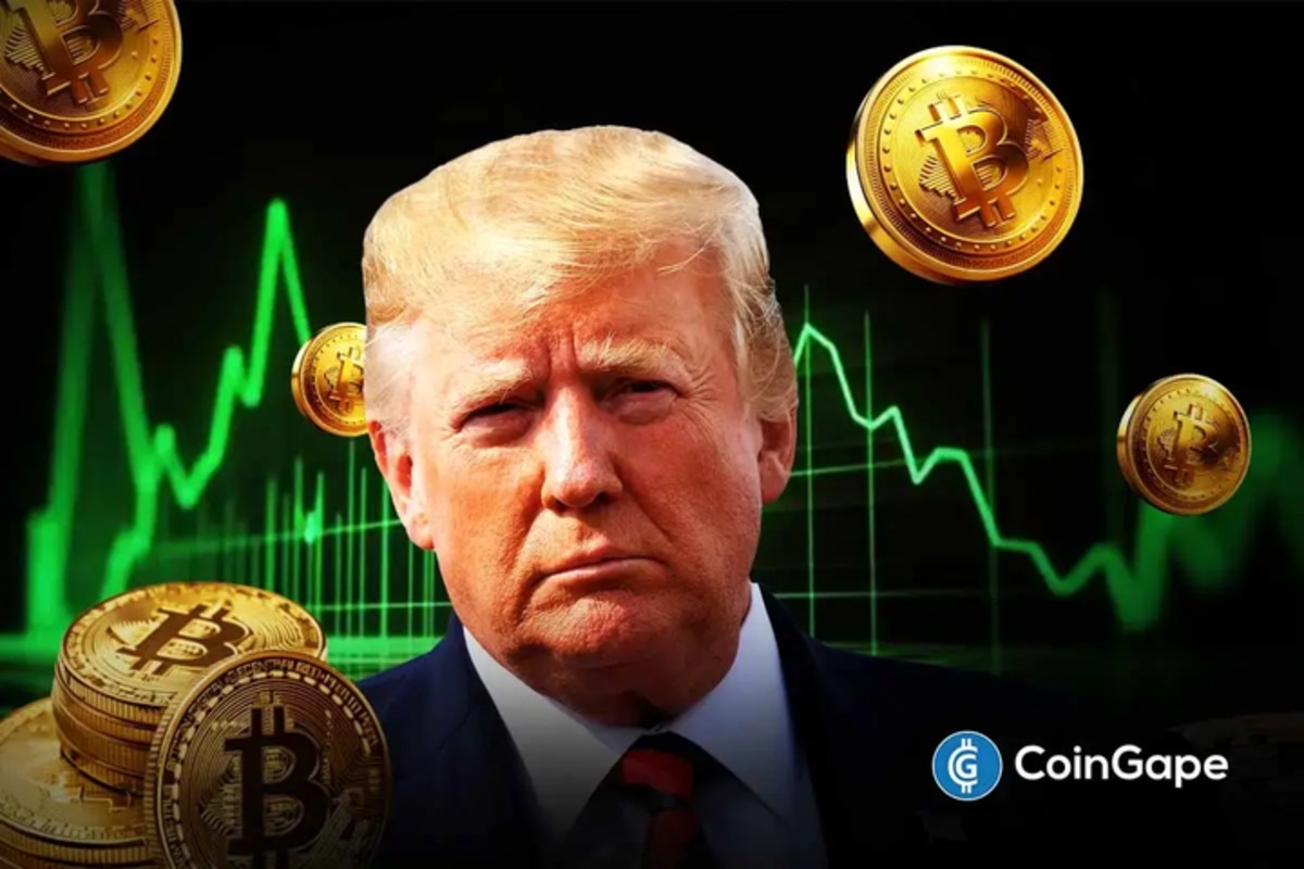 Ilustração de Donald Trump com moedas de Bitcoin e gráficos de mercado em alta ao fundo.