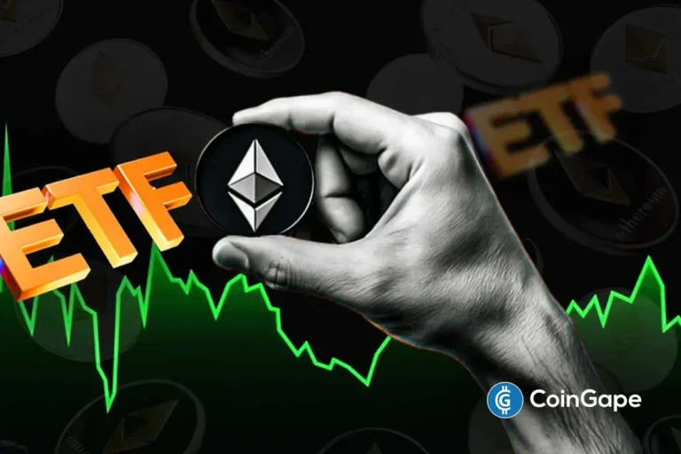 Ilustração artística mostrando mão segurando moeda física de Ethereum sobre gráficos de preço em verde, com texto ETF em destaque simbolizando fundos negociados em bolsa.