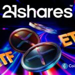 Ilustração digital mostrando o logo da 21Shares com moedas de XRP e símbolos de ETF em fundo azul e roxo