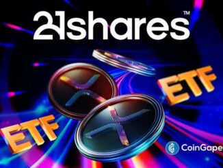 Ilustração digital mostrando o logo da 21Shares com moedas de XRP e símbolos de ETF em fundo azul e roxo