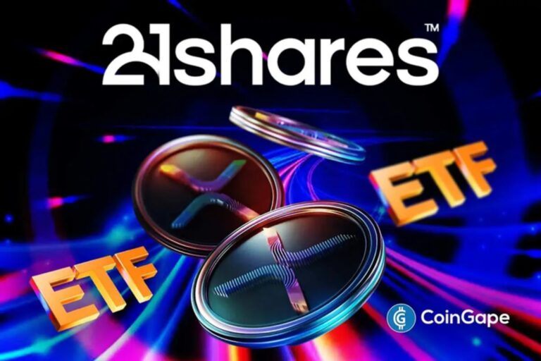 Ilustração digital mostrando o logo da 21Shares com moedas de XRP e símbolos de ETF em fundo azul e roxo