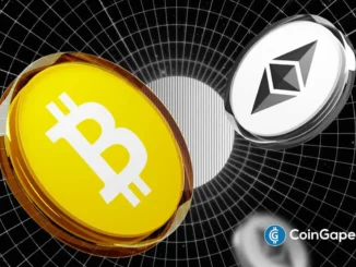 Ilustração de moedas de Bitcoin e Ethereum sobre fundo de grade tecnológica