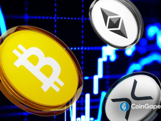 Ilustração digital mostrando moedas de Bitcoin, Ethereum e XRP sobre fundo azul com gráficos de mercado.