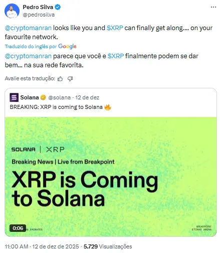 Captura de tela de tweet mostrando anúncio da integração do XRP com a rede Solana