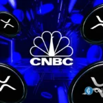 Imagem mostrando logotipo da CNBC em destaque com moedas XRP em fundo azul