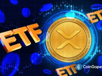 Ilustração digital mostrando símbolo ETF e moeda XRP em fundo tecnológico