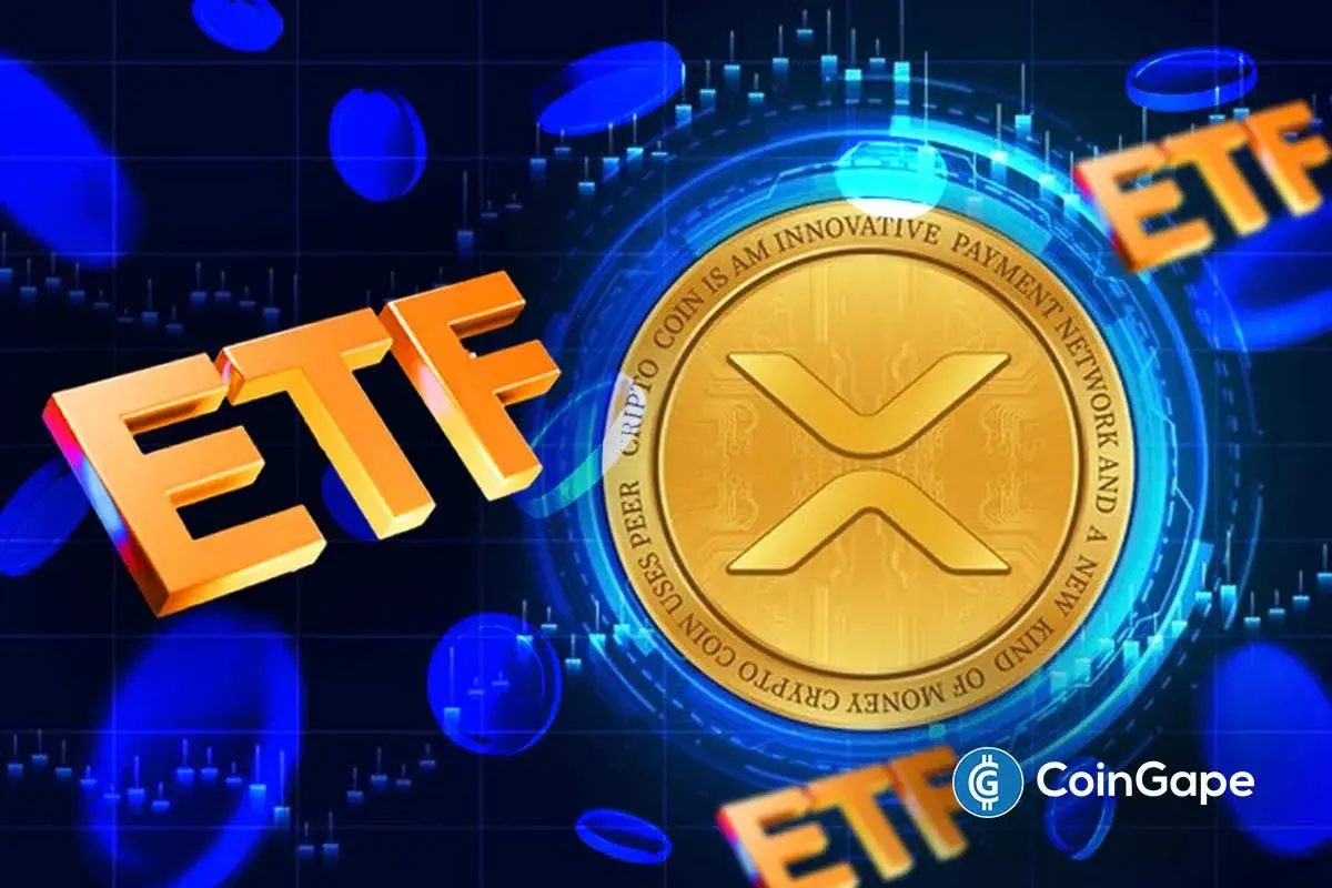 Ilustração digital mostrando símbolo ETF e moeda XRP em fundo tecnológico