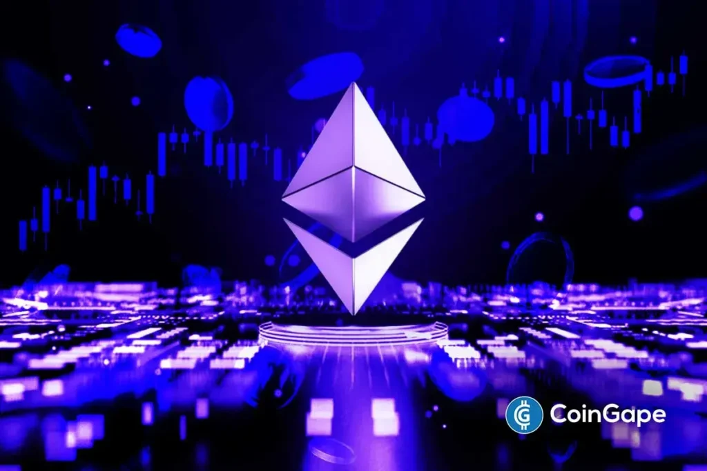 Renderização 3D do símbolo do Ethereum em tons de roxo e branco flutuando sobre plataforma digital iluminada com gráficos de candlestick e elementos blockchain ao fundo
