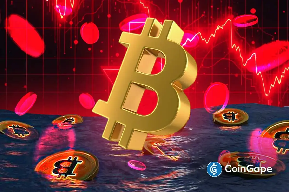 Ilustração 3D do símbolo do Bitcoin dourado afundando em água com gráficos de mercado em vermelho.