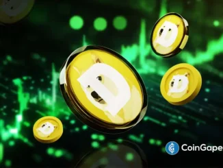 Representação visual de moedas Dogecoin flutuando com gráficos de criptomoedas ao fundo