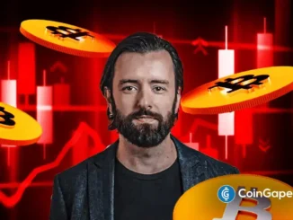 Ilustração conceitual mostrando moedas de Bitcoin em queda com gráficos de preço em tendência de baixa no fundo vermelho