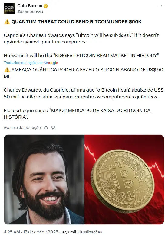 Captura de tela de post do Coin Bureau no Twitter mostrando Charles Edwards e moeda de Bitcoin com gráfico em queda, alertando sobre ameaça de computação quântica