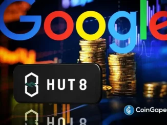 Logo da Hut 8 em destaque com moedas de ouro empilhadas e logo do Google ao fundo sobre gráficos de mercado em azul.