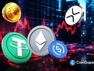 Ilustração 3D de criptomoedas incluindo Bitcoin, Ethereum, Tether e outras com gráficos de queda em vermelho ao fundo.