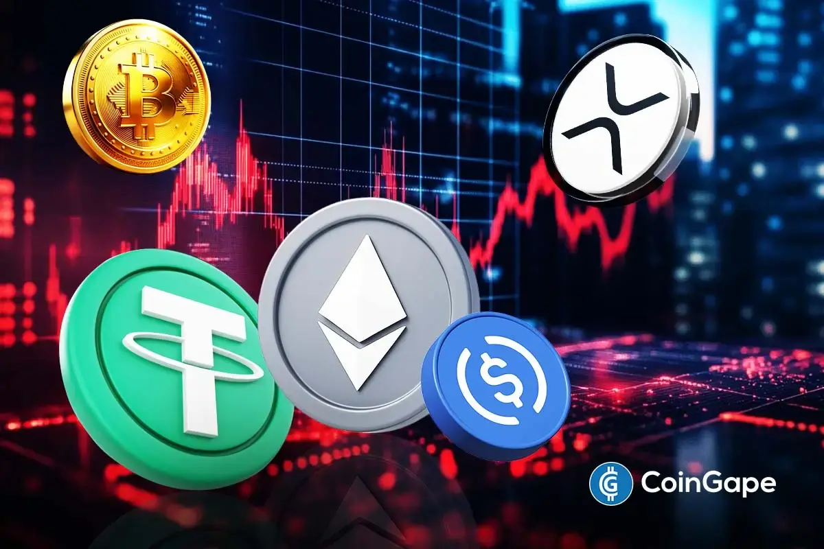 Ilustração 3D de criptomoedas incluindo Bitcoin, Ethereum, Tether e outras com gráficos de queda em vermelho ao fundo.