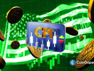 Ilustração 3D mostrando tablet com letras CPI douradas cercado por moedas de Bitcoin e gráficos verdes de alta no fundo.