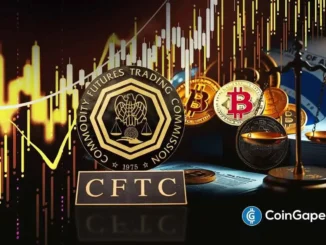 Logo dourado da CFTC cercado por moedas de Bitcoin, Ethereum e balança da justiça com gráficos de trading ao fundo
