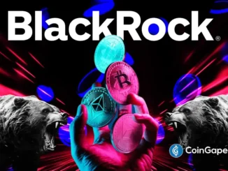 Ilustração mostrando logo da BlackRock com moedas de Bitcoin e Ethereum entre ursos representando mercado baixista