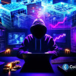 Ilustração digital de um hacker encapuzado em frente a múltiplas telas de computador exibindo gráficos de criptomoedas e símbolos de blockchain em ambiente cibernético com tons de azul e roxo.